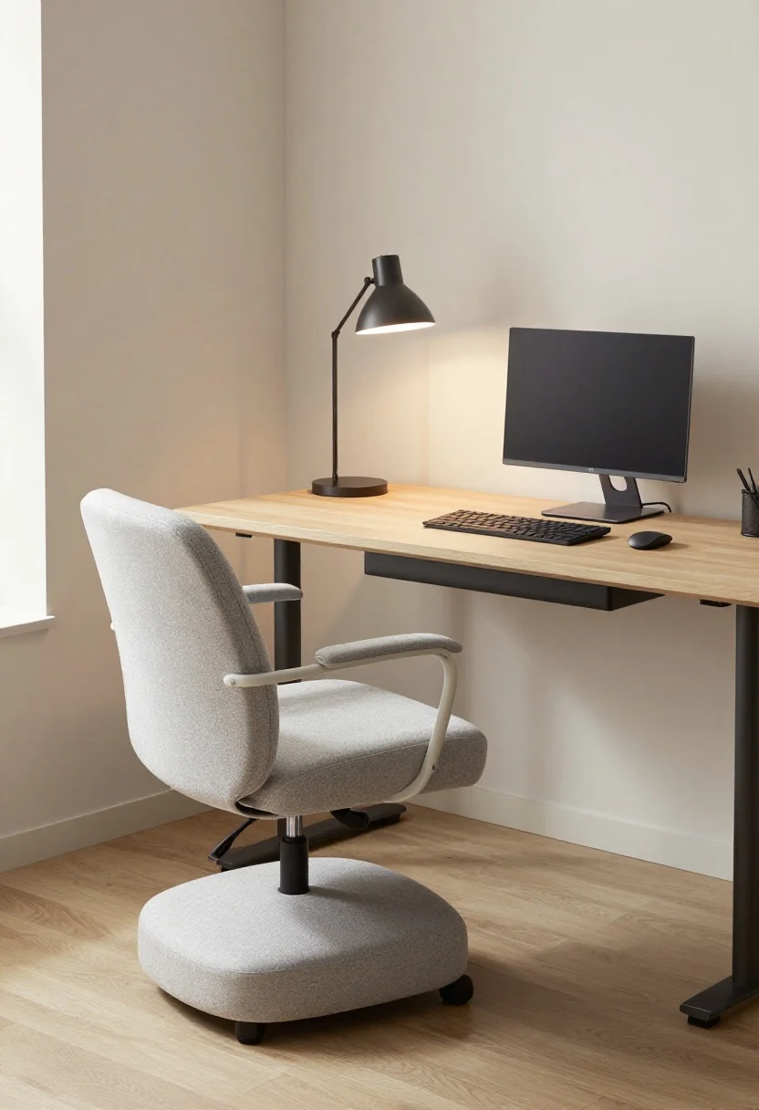 Corner-angle medium shot emphasizing ergonomics without killing style: an upholstered adjustable task chair set so feet would be flat at 90 degrees (footrest or small stylish pouf under the desk), a 24-inch-deep desk surface with forearm support, a laptop on a sleek stand so the top third of the monitor is at eye level, external keyboard and mouse, and a task lamp placed opposite the dominant-hand side to reduce shadows. Neutral palette, tidy cables, gentle daylight plus a balanced desk light, photorealistic.
