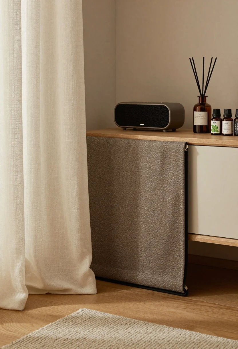 Detail closeup capturing sensory strategy: a plush rug edge meeting hardwood, a heavy linen curtain pooling slightly, and a fabric door draft stopper at the threshold; in the background, a compact Bluetooth speaker on a shelf with a subtle indicator light, volume low. Nearby, a reed diffuser with amber glass bottle and thin reeds; small essential oil bottles labeled rosemary, peppermint, and cedar grouped neatly. Soft, warm ambient light, sound-absorbing textures emphasized, photorealistic.