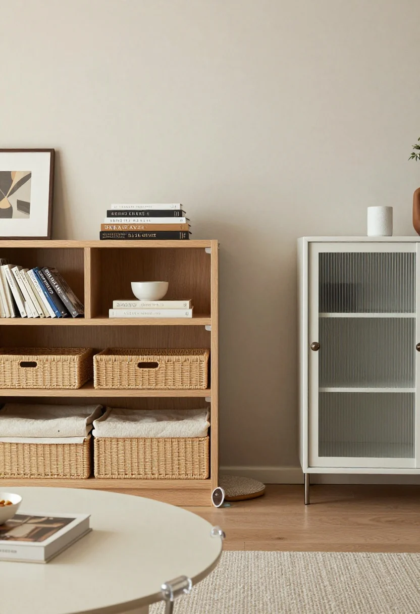Detail closeup: Safety-with-style elements—rounded edge of a round coffee table fitted with nearly invisible clear bumpers, a short anchored bookcase styled with closed baskets on the lower shelves and decor objects up top, a plush rug pad subtly lifting a flatweave rug; nearby a cabinet with ribbed/reeded tempered-glass doors and a credenza door with a magnetic catch; walls in washable matte paint; soft diffused lighting, photorealistic.