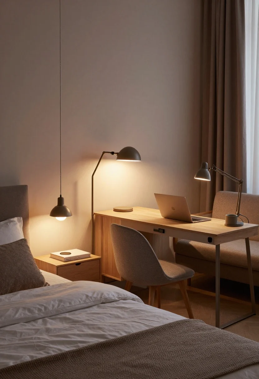 Detail/medium composite: Three lighting zones in a studio at dusk. Bed zone: warm 2700K plug-in pendant over a nightstand, casting a cocoon glow. Living zone: a floor lamp behind the sofa and a table lamp on the console framing the seating area with soft pools of light. Work nook: a compact desk with a crisp 3000–3500K task lamp signaling focus. Include visible dimmer plugs controlling intensity. Color temperature contrast is clear; moody, cozy ambiance captured from an overhead corner angle.