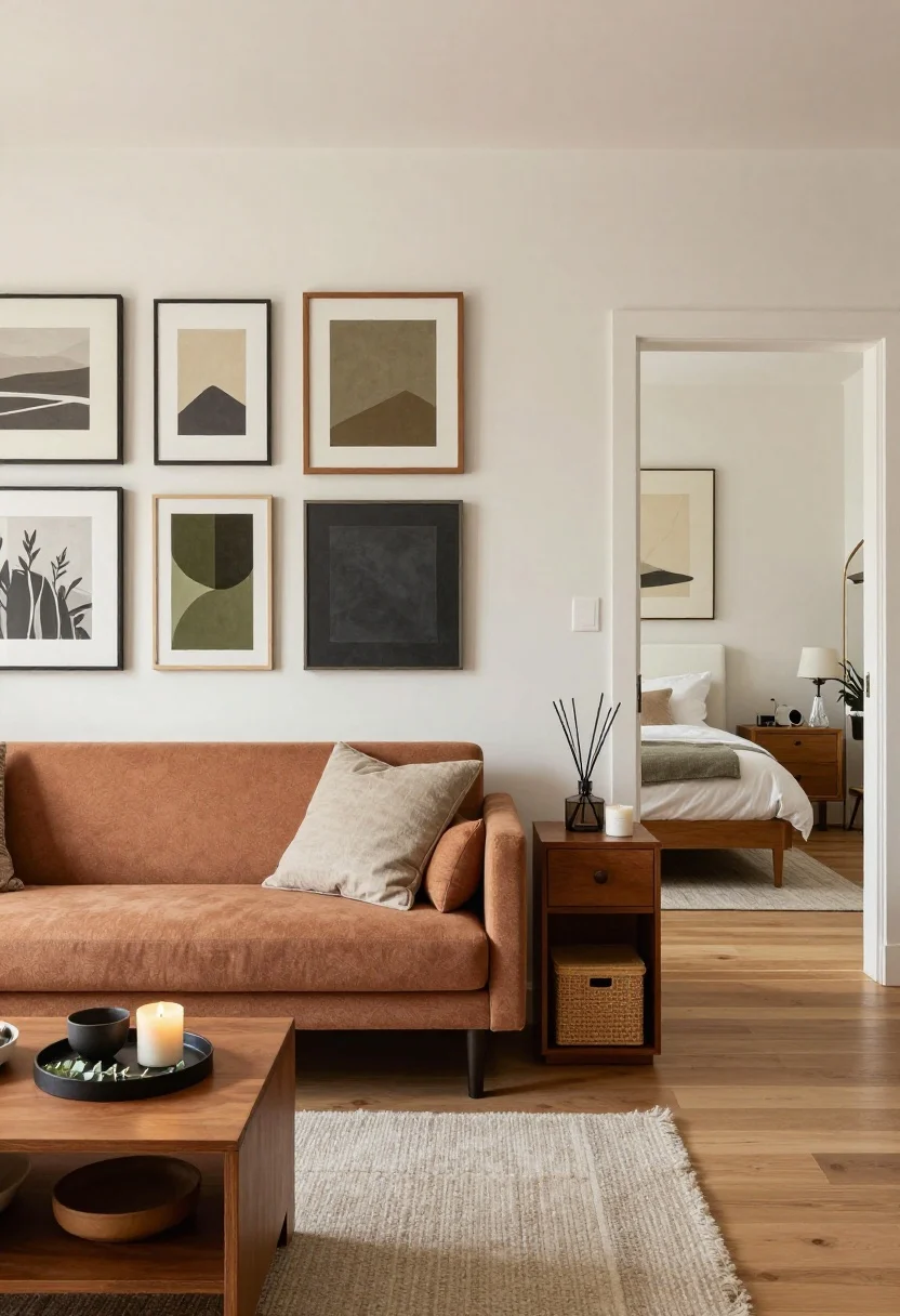 Detail-rich wide shot: Styled zones with intent. Above the sofa, a tight gallery grid of art in a palette of clay, olive, and charcoal; above the bed, a single serene piece in muted tones. A tall mirror near the entry or dining corner bounces light. Closed storage on the bedroom side—nightstands with drawers and lidded baskets under the bed—contrasts with open storage in the living area—trays, bowls, and styled stacks. Include subtle scent cues: a small diffuser by the bed (lavender/cedar) and a candle in the living zone (citrus/eucalyptus). Clean, cohesive, photorealistic; straight-on composition showing both zones.