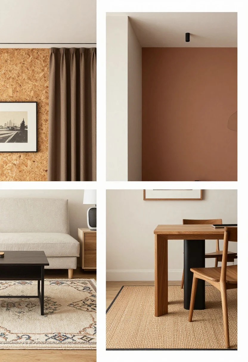 Medium-close detail collage within one frame showing sensory zoning elements: three adjacent floor sections transitioning from a low-pile rug under a small desk, to a plush Moroccan-style rug in a lounge area, to a flatweave under a dining nook; a wall corner where the main space is light while the “bedroom” niche is painted a deeper eucalyptus/ink/clay tone; heavy curtains and an upholstered panel or cork tiles behind framed art hinting acoustic treatment; a tiny white-noise machine on a nightstand; cohesive accents in repeated oak wood tones or matte black hardware; soft, balanced lighting emphasizing texture and color contrast
