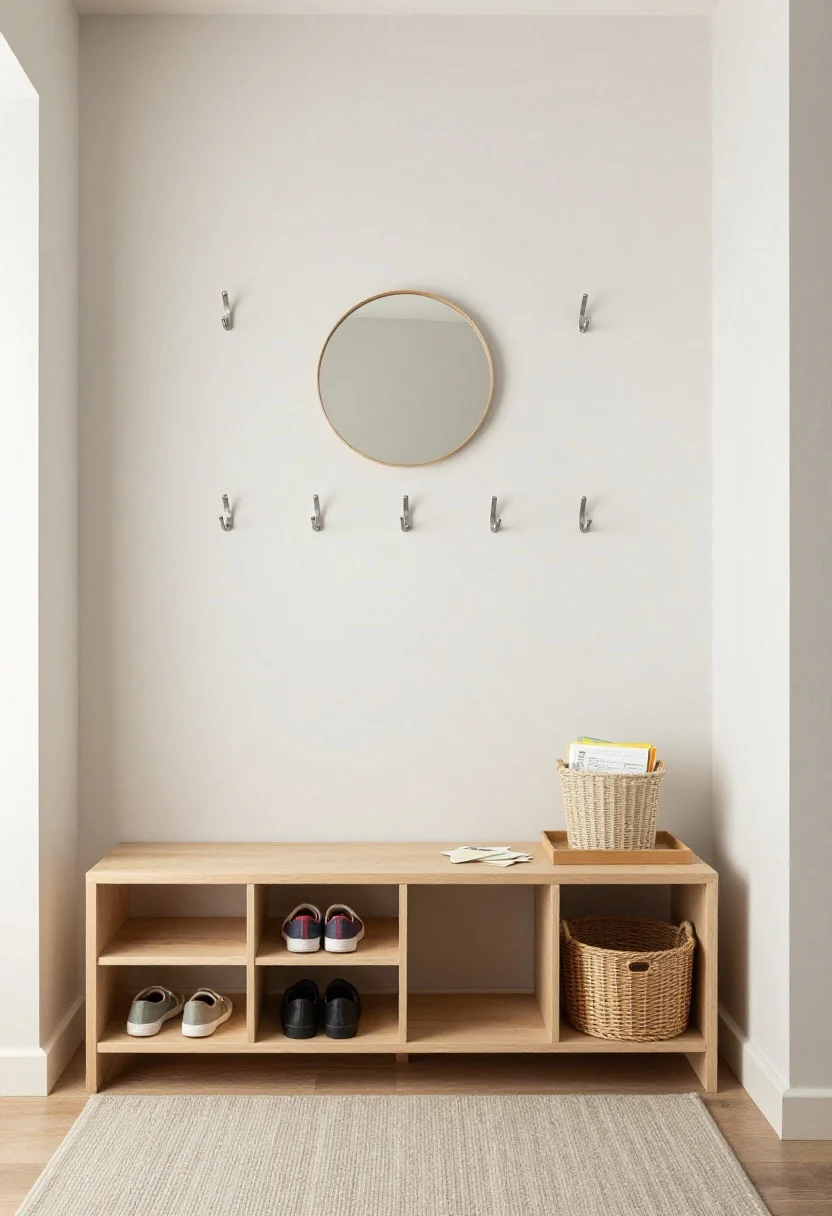Medium shot: A compact apartment entry “landing strip” with wall-mounted hooks at kid height (one per child plus extras), a closed-storage bench with labeled cubbies for shoes, a slim cabinet with doors, a lidded basket for school papers, and a narrow tray for mail and keys; small round mirror above, narrow runner rug in mid-tone neutral; clean, organized, straight-on view, soft natural lighting, photorealistic.