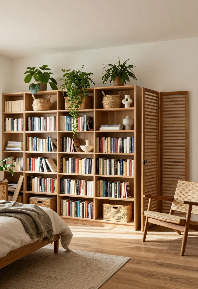 Medium shot: An open-back bookcase used as a breathable divider between bed and living area, styled with woven baskets, cascading plants, and a few sculptural ceramics so light passes through. To one side, a folded rice paper shoji screen leans nearby; on the other, two narrow slatted wood panels stand side-by-side for an architectural feel. Maintain at least 24 inches of walkway between the divider and a nearby chair. Neutral palette, warm wood tones, natural daylight; straight-on perspective emphasizing light flow and separation.