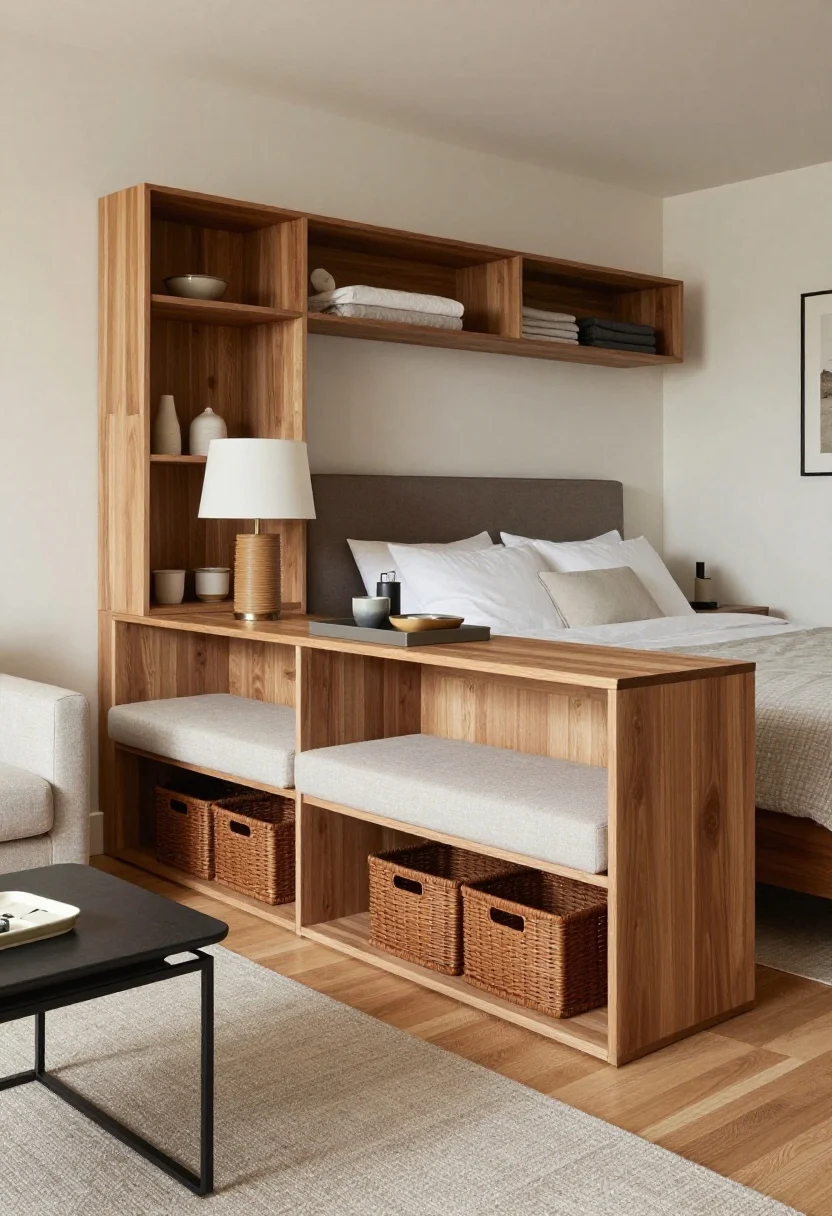 Medium shot: Double-duty furniture defining zones. A narrow credenza behind the sofa stores essentials and holds a lamp and tray display, visually separating living from the bed. A storage headboard or footboard at the bed acts as a mini wall, hiding linens and chargers. Back-to-back slim consoles—one for the living area, one facing the bed as a vanity—plus a banquette bench splitting dining from lounging with baskets tucked underneath. Add a set of nesting tables. Pieces are leggy, kept at or below eye level, with repeated wood and metal finishes for harmony; natural daylight, straight-on view.