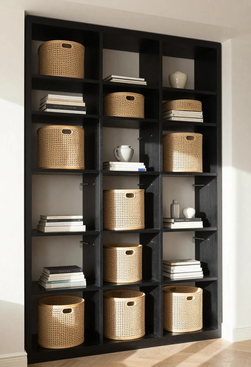 Medium shot from a corner angle focusing on a tall, backless open shelving unit (72–84 inches) used as a vertical “wall” between living and sleeping zones; shelves styled to the 50/30/20 formula: 50% storage with consistent cane or seagrass bins, 30% display with alternating books and ceramics, 20% empty space; attach subtle wall brackets for safety; allow light to filter through to avoid a cave-like feel; neutral wood or matte black frame, soft daylight streaming across, textures of cane and felt visible, clutter-free modern aesthetic