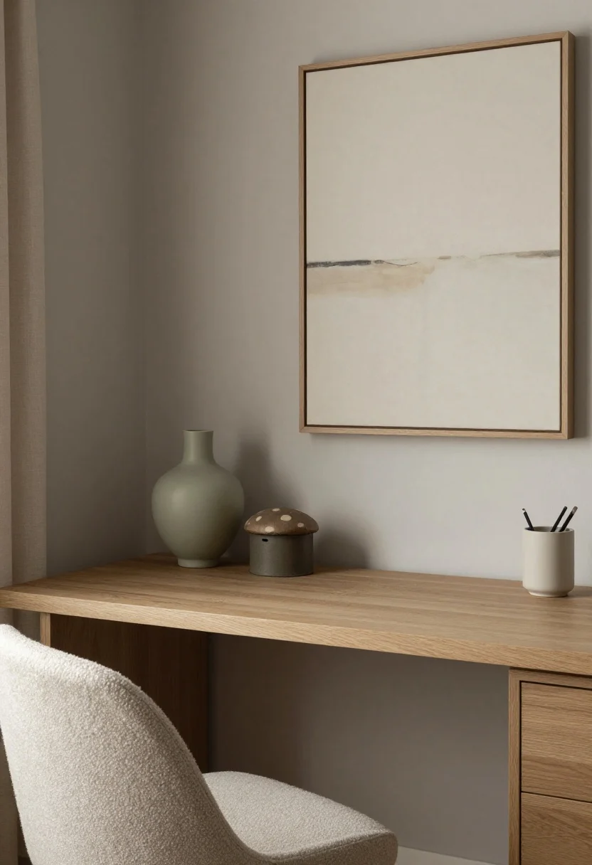 Medium shot from a corner angle of a calm, visually quiet desk area: base palette in soft neutrals—greige walls, oatmeal desk accessories, sage-toned vase, and a mushroom-colored storage box. Low-contrast styling with storage bins matched to shelves, a bouclé desk chair, linen curtains, and matte ceramic pen cup. One large soothing art piece (abstract wash in muted tones) hangs above the desk—big, not busy. Soft, indirect daylight, subtle texture detail, cohesive palette, photorealistic.