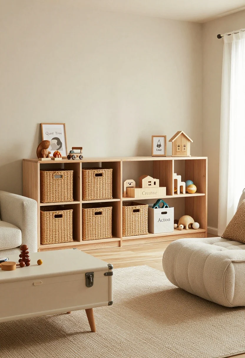 Medium shot: Living room vignette featuring toy storage that looks like decor—closed woven seagrass baskets under a mid-century credenza with cane-front doors, a trunk-style coffee table with soft edges, and a tufted storage ottoman; bins labeled “Quiet Time,” “Creative,” and “Action” tucked neatly; calm, edited styling with toys hidden; warm neutral palette; corner angle, soft daylight, photorealistic.