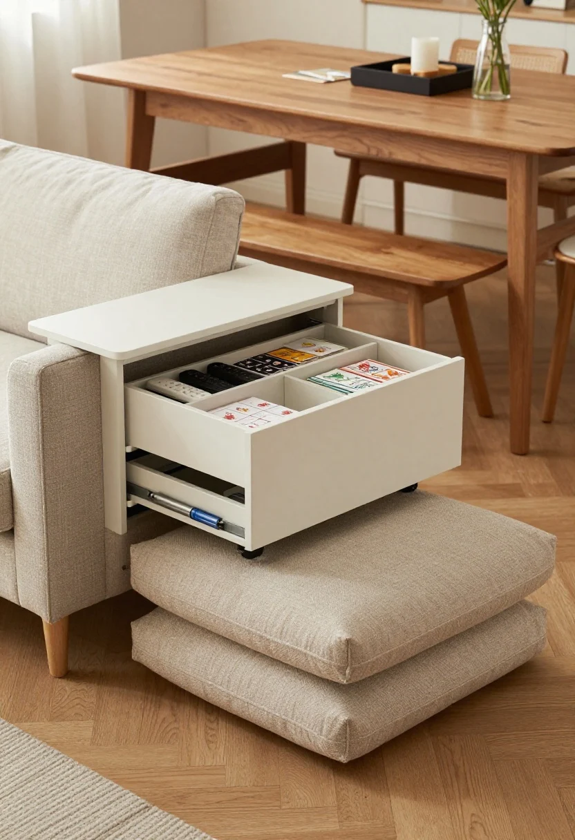 Medium shot: Multi-tasking furniture scene—nesting side tables partially pulled out beside a sofa for crafts, a console with drawers organized for remotes and card games, stacked floor cushions/poufs in neutral textiles ready for movie night; in the background an expandable dining table and a bench seat with under-bench storage slightly ajar showing placemats and coloring books; visible adhesive cord clips and an under-desk tray; natural ambient light, photorealistic.