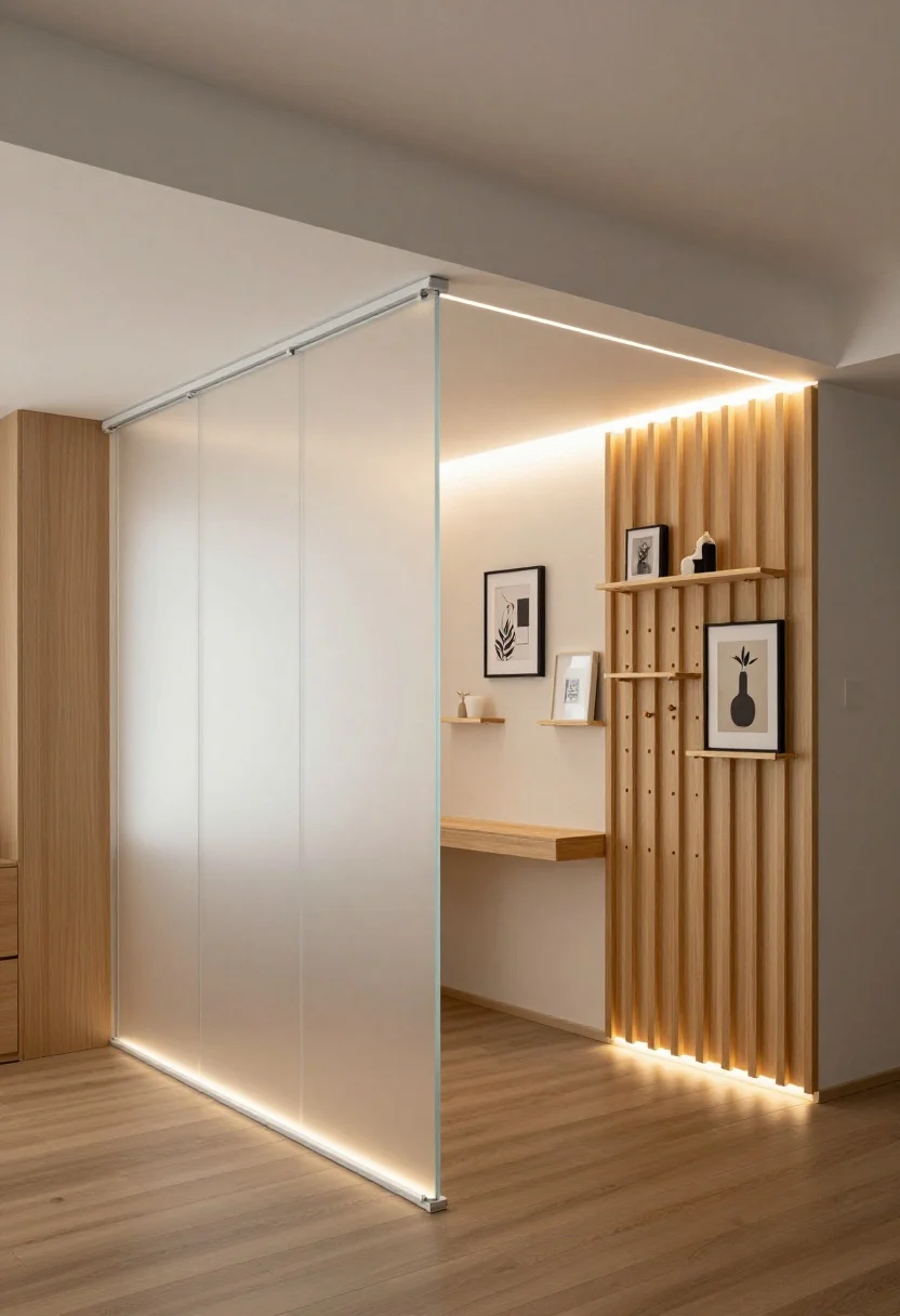 Medium shot of a multi-function room divider installed between living and work areas: sliding shoji-style or frosted acrylic panels on a ceiling track providing privacy without blocking light; adjacent slatted wood folding screen section for airflow and bounce; an attached pegboard/slatwall segment holding small shelves, hooks, and framed art for a flexible workspace; subtle LED strip lighting along the divider’s edge creating an architectural glow; photographed from an oblique angle, evening scene with illuminated divider as focal point, clean modern lines