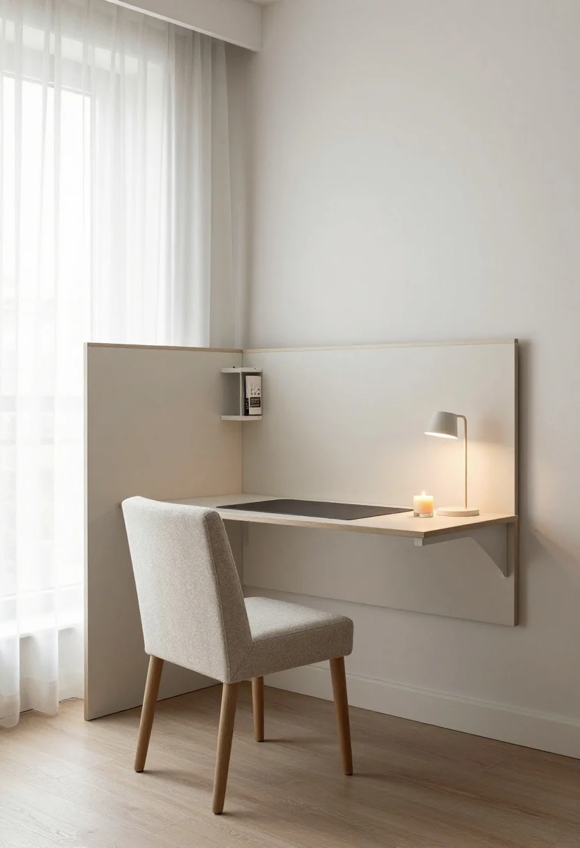 Medium shot, straight-on view of a tiny apartment “work zone” carved out of a wall slice beside a window: a fold-down wall-mounted secretary desk with a slim floating profile, supportive upholstered task chair (not a sofa), a slim bookshelf used as a room divider partially screening the area, a simple desk mat centered on the surface, a single small candle lit as a start-ritual cue, and a compact table lamp turned on. Natural daylight from the side window, sheer curtain softly diffusing light. Clean, calm styling, no people, photorealistic.