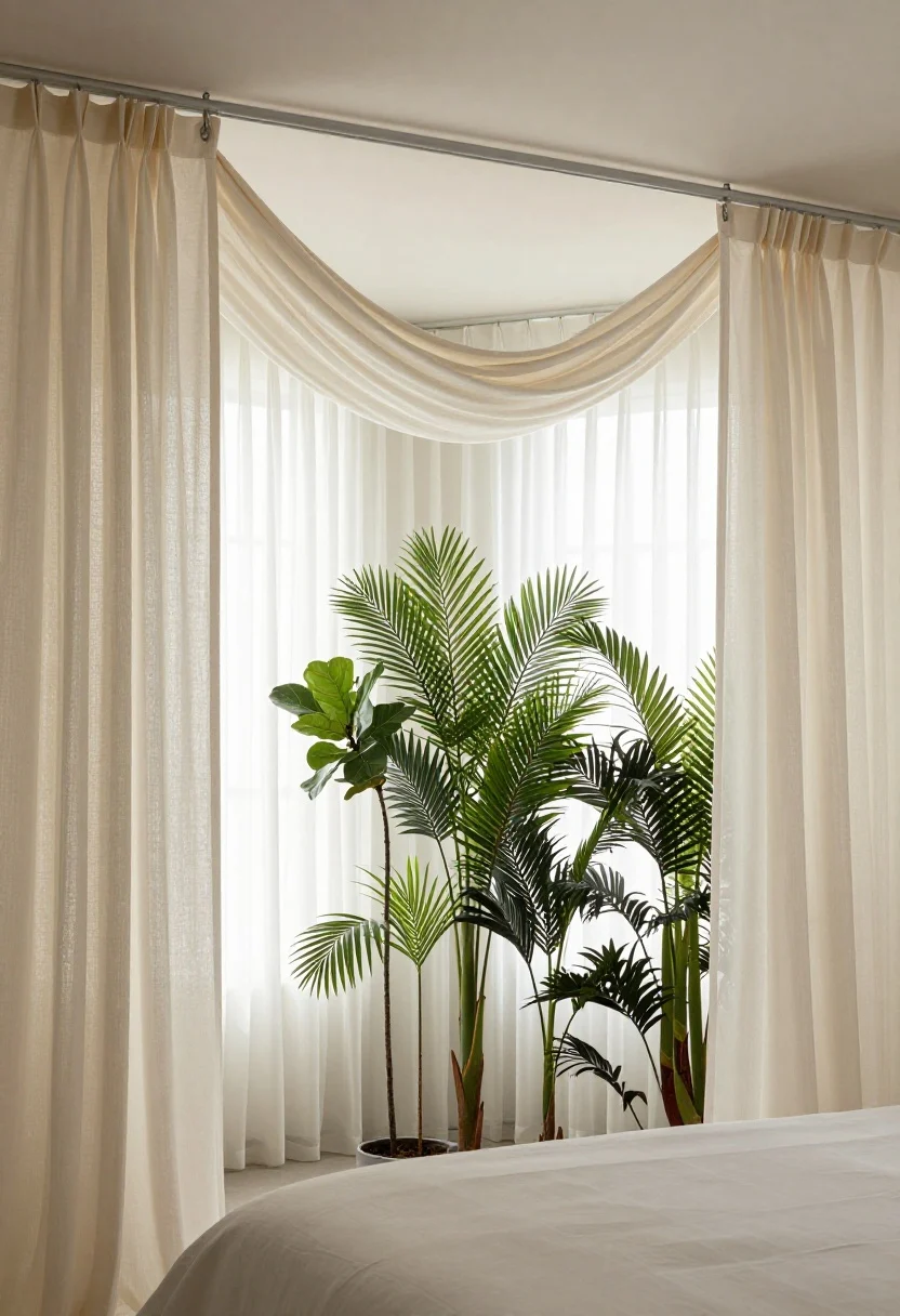 Medium shot with vertical emphasis: A ceiling-mounted curtain track sweeps sheer ivory panels around a bed, forming a soft, translucent enclosure. A simple DIY canopy drapes from two ceiling hooks with a sand-colored fabric panel. Nearby, a row of 5–7 foot plants—fiddle leaf fig and areca palm—acts as a living divider. Neutral palette in ivory, sand, foggy gray, emphasizing height and light filtration. Shot slightly upward from bed corner to highlight the ceiling tricks and airy layers.