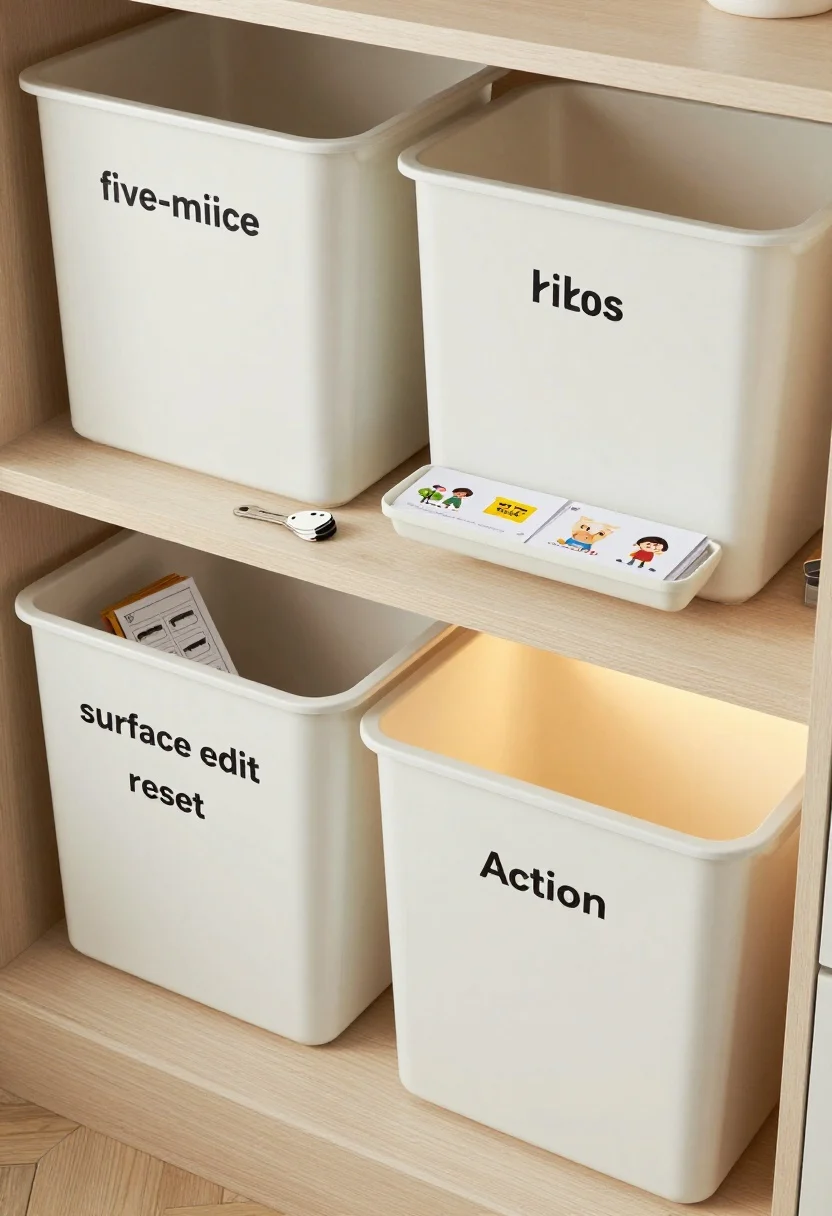 Overhead shot: A tidy kitchen-dining surface during a “five-minute reset”—labeled bins with picture icons for kids’ items, a slim tray with mail keys, a small stack of art for weekly swap, and a single removed accessory showing a “surface edit”; next to it, a closed “Action” bin indicating container limits; warm under-cabinet glow hinting layered lighting; clean, organized, photorealistic.