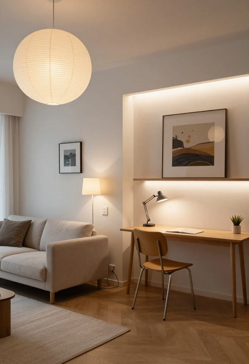 Overhead shot diagram-style but photorealistic of a studio corner demonstrating lighting zones: ambient light from a paper lantern or low-profile flush mount casting a soft overall glow; task lighting via a swing-arm lamp by the sofa, a plug-in sconce by the bed, and a clamp lamp at a compact desk; accent lighting with a picture light over art and LED strips along a shelf; each zone plugged into smart plugs (subtle, visible at outlets) to suggest separate control; evening ambiance with layered warm light pools clearly defining distinct “rooms”