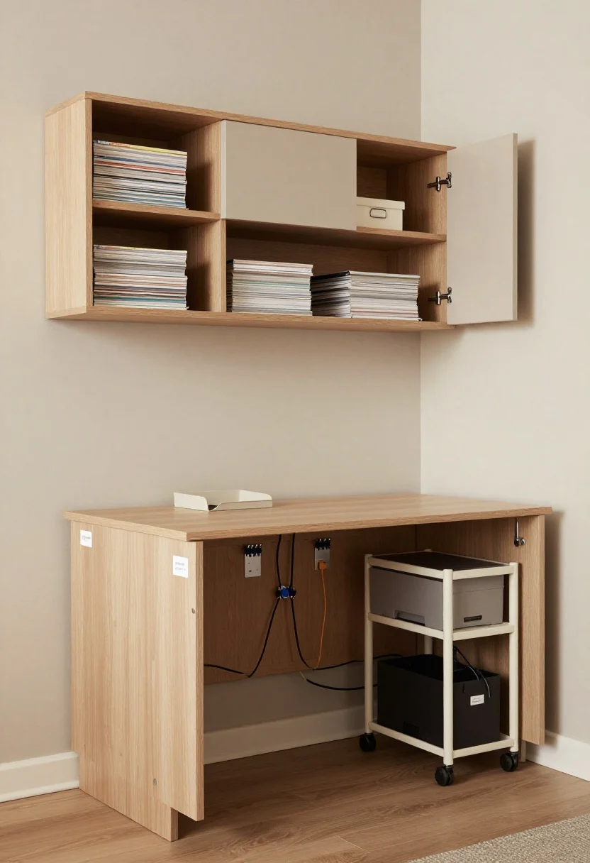 Straight-on medium shot of stealthy storage around a desk: a low credenza with closed doors hiding printer and cables (doors shut), labeled shelves visible inside an open cabinet door, wall-mounted shelves above the desk with matching magazine files and lidded boxes, a slim rolling cart tucked beside the desk, and perfect cable management—adhesive cord clips, a cable box on the floor’s side, and a surge protector screwed under the desk (visible if you peek beneath). Neutral tones, clutter-free desktop with a single inbox tray. Soft ambient lighting, photorealistic.