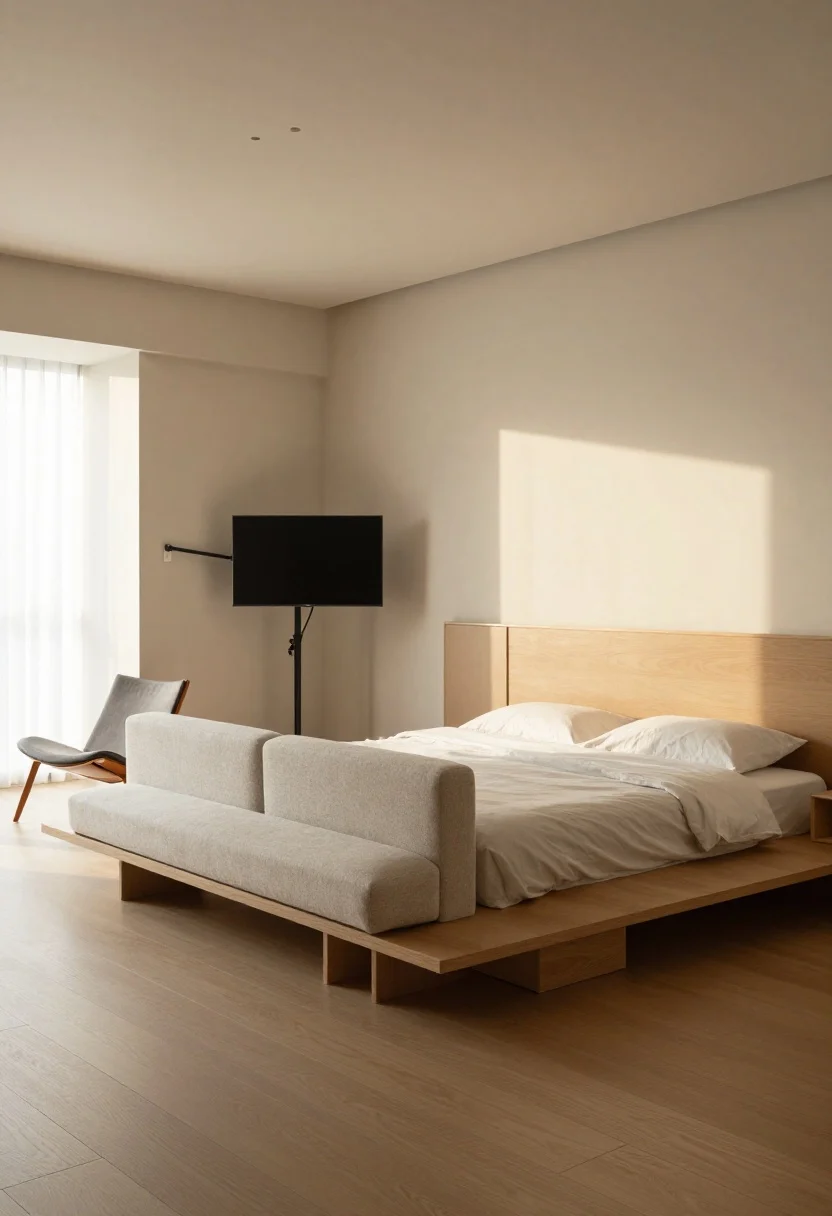 Wide room shot: A floating layout in a studio—sofa pulled off the wall and facing away from the bed, creating an instant living room. A low-profile sofa backs onto a narrow console table with storage; the bed is tucked into the quietest corner with a simple headboard and a slim screen. A lounge chair rotated about 10 degrees creates a subtle pathway. A TV is mounted on a swivel arm to face both bed and sofa. Clean sightlines, balanced negative space, gentle afternoon light; angled from the entry corner.