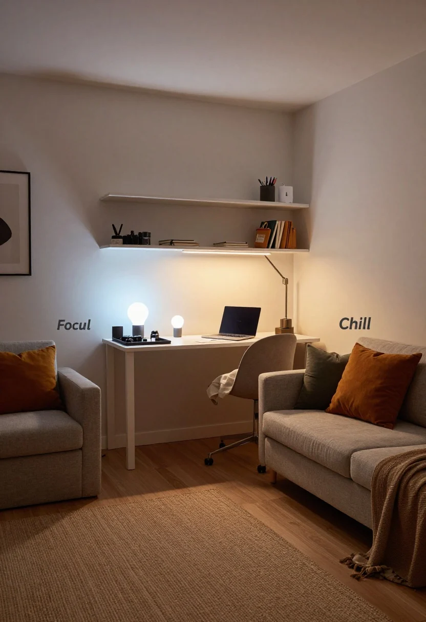 Wide room shot of a studio apartment with reversible design cues and micro-zones: smart bulbs set to a “Focus” scene at the desk (bright, cool) while the sofa area glows “Chill” (dim, warm); a narrow wall-mounted desk with gear corralled into a tray, laptop closed and covered with a linen cloth; a project pouch with pens, notebook, charger on a shelf for portability. Rugs define zones: tight flatweave under the desk, plush rug by the sofa, runner by the bed. Evening ambiance with layered warm and cool pools of light, photorealistic, no people.