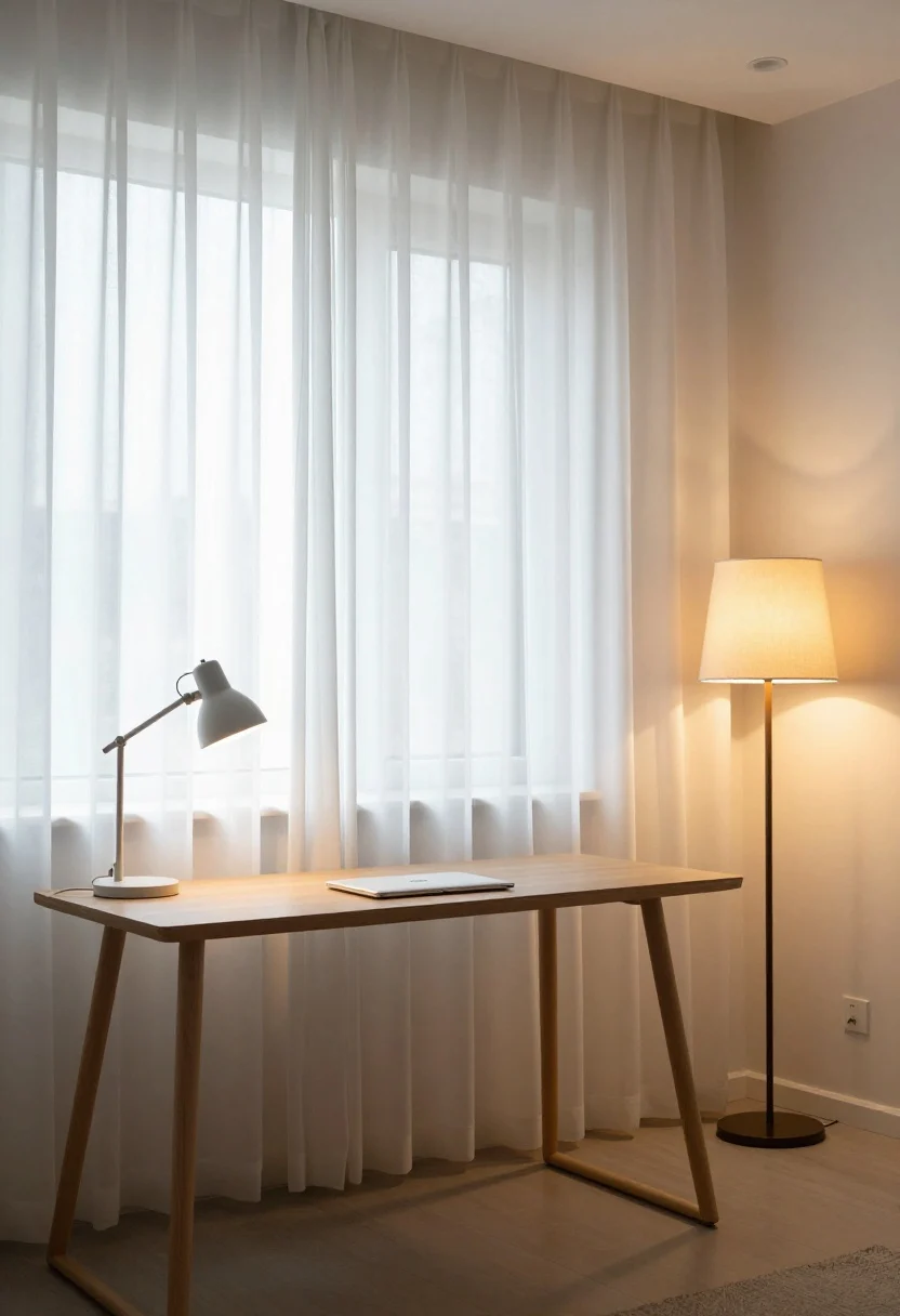 Wide room shot showing layered lighting in a living-room-turned-office: a desk placed perpendicular to a bright window with sheer curtains for glare control, a dimmable LED task lamp on the desk set to cool 4500K, and a fabric-shade floor lamp providing warm ambient glow to fill corners while overhead lights are off. Morning scene with bright, indirect natural light; later-evening inset mood in the same frame is not included—just stick to morning brightness. Emphasize even illumination, reduced screen glare, and soft shadowing, photorealistic.