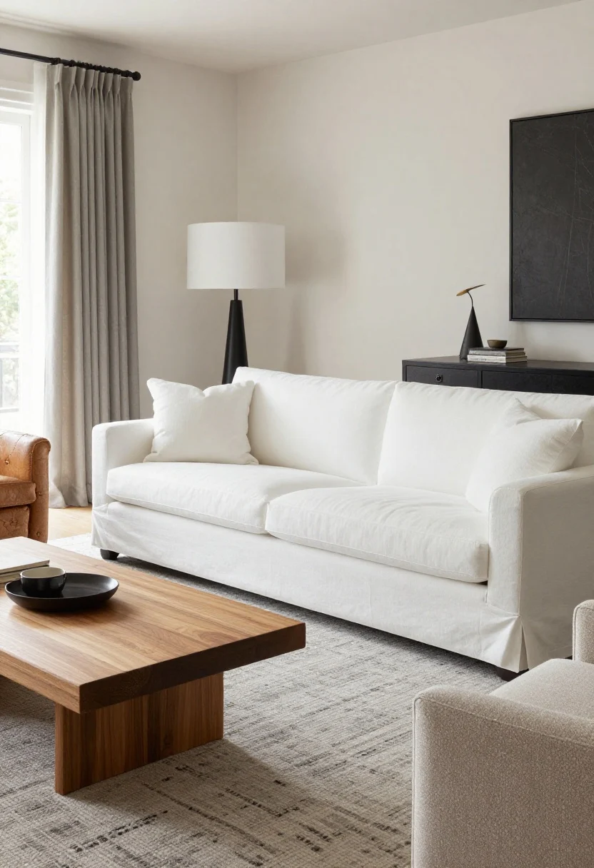 Wide shot: A chic living room with a structured, slipcovered sofa in warm white performance fabric, a low-pile indoor–outdoor flatweave rug in heathered greige with a small-scale geometric pattern, and matte-finished mid-tone oak coffee table with rounded corners; dining chairs in durable polyester-blend upholstery visible at the room’s edge; distressed pebbled leather accent chair; matte black metal accents on a floor lamp and curtain rod; soft natural daylight, photorealistic, no people.