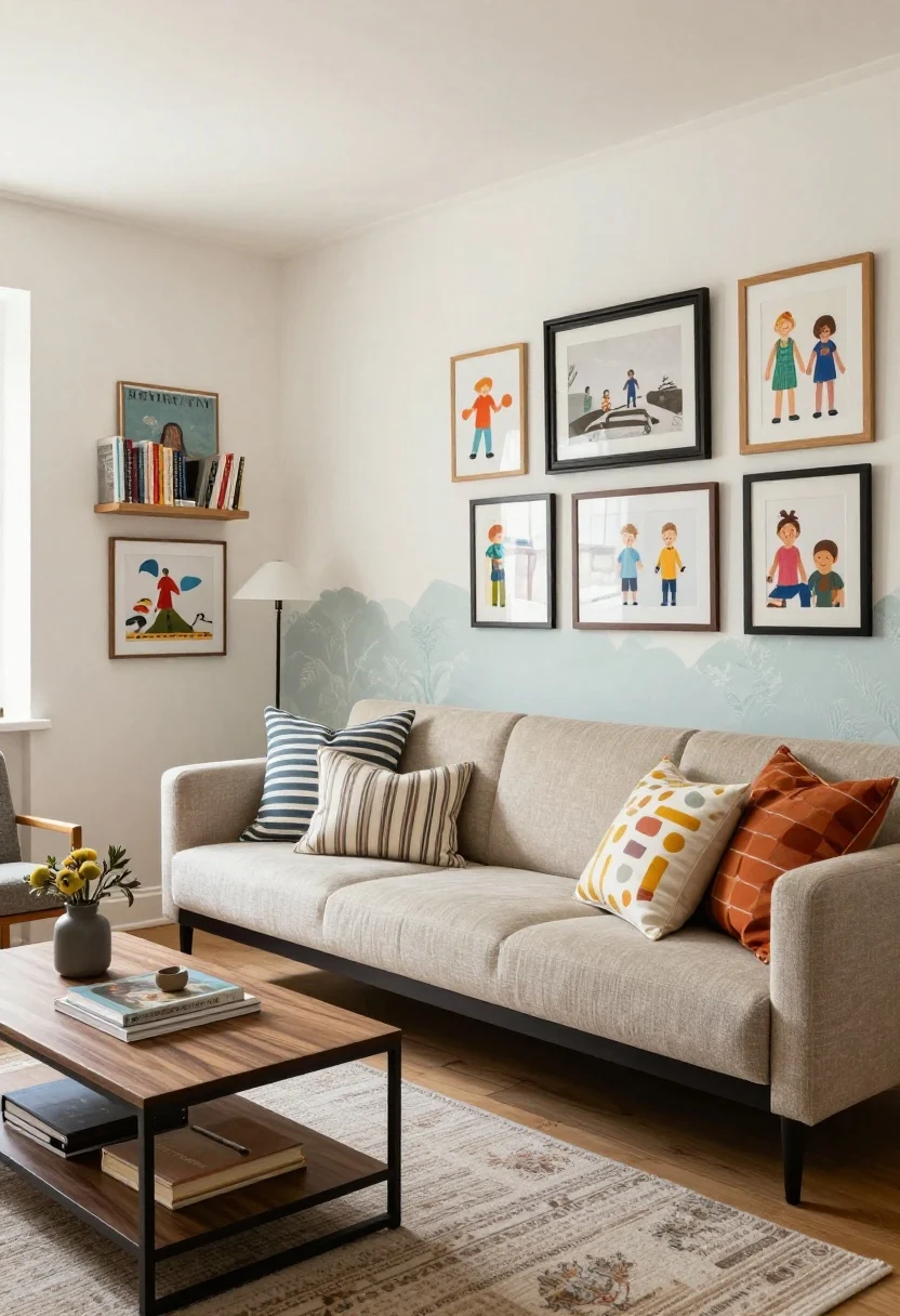Wide shot: A serene living room in an 80% calm, 20% fun palette—walls in warm white, mid-tone oak wood, and black metal consistent throughout; sofa in mushroom-toned fabric with punchy accent pillows (stripes, checks, bold block print) and a playful throw; art rail displaying kids’ framed art beside grown-up prints in thrifted black and oak frames; removable wallpaper in a soft blue-olive motif on the back of a bookcase; soft, even daylight, photorealistic.