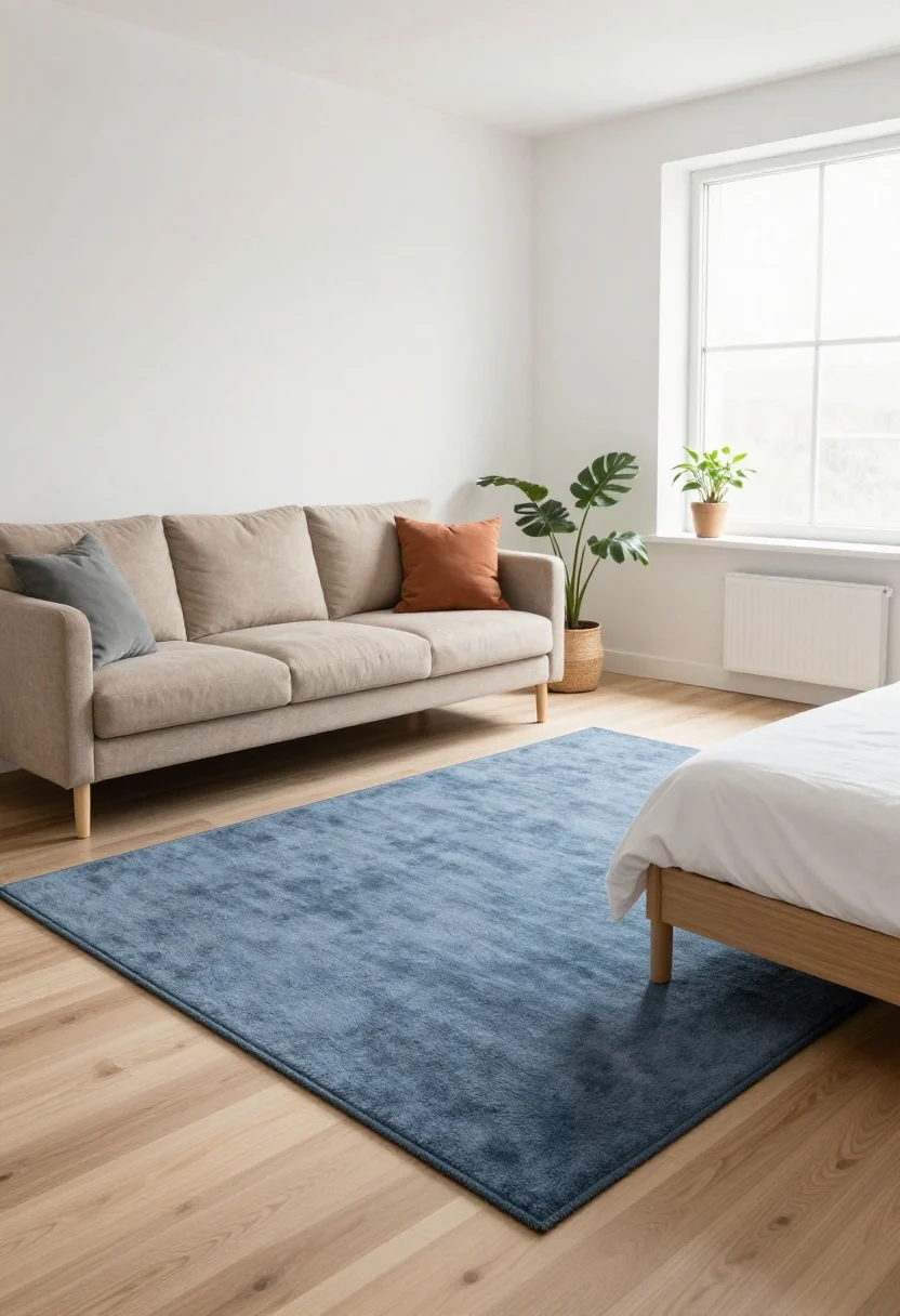 Wide shot: A studio apartment divided by rugs into two zones—living and sleep. A plush 8' x 10' rug in natural jute anchors a full-size sofa and coffee table, while a low-pile tufted wool rug in soft slate blue sits under a bed with simple bedding. Both rugs share a terracotta accent thread for cohesion. Soft morning light, minimal echo, clean white walls, light wood floors, plants near a window. Angle from a corner to show clear boundaries and pathways; photorealistic, airy mood.