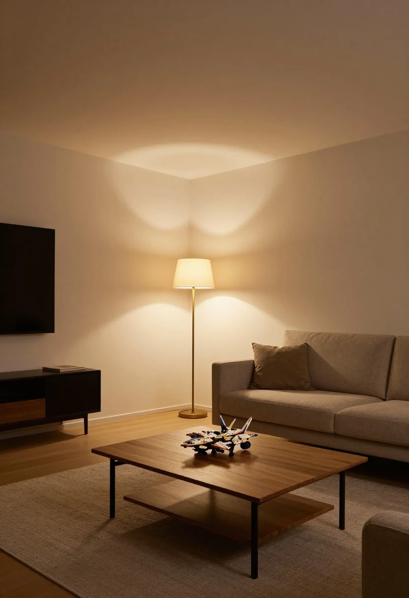 Wide shot: Evening living room demonstrating layered lighting—a warm overhead fixture, a brass or black floor lamp illuminating a reading chair, and a small table lamp creating ambient pools of light; soft, warm bulbs at 2700–3000K; calm neutral palette with consistent mid-tone oak and black metal; a half-built Lego spaceship neatly contained on the coffee table, room still looking edited; photorealistic, no people.