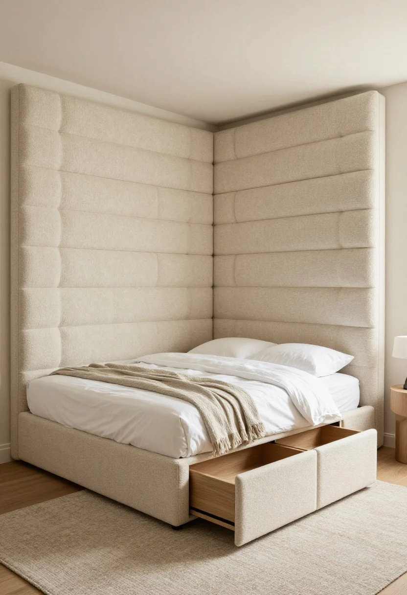 Wide shot of a sleep zone featuring elevated solutions: a platform bed with integrated drawers slightly taller than standard, styled with crisp bedding; a tall, sculptural upholstered headboard in boucle or channel tufting placed perpendicular to a wall, acting like a mini wall that shields the bed from the entry or kitchen; optional lofted vibe hinted if ceiling height allows (but focus on platform and headboard); add a small rug and lamp to make it read as a complete “room”; warm neutral palette, soft side lighting, textures of boucle and wood prominent