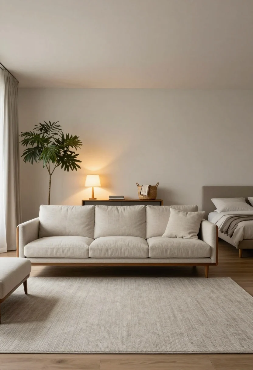 Wide shot of a stylish studio living zone with floated furniture: a mid-century sofa centered on a 5x8 neutral rug with a slim console table directly behind it holding a woven basket with blankets and a warm table lamp, a tall leafy plant “floating” to one side subtly marking a boundary, and a simple upholstered bench at the foot of a nearby bed acting as a visual buffer; maintain a clear 30–36 inch walkway behind the sofa to the entry; straight-on perspective from the living area toward the bed, soft evening ambient light with warm lamp glow, calm palette of soft whites, oat, and muted gray, photorealistic
