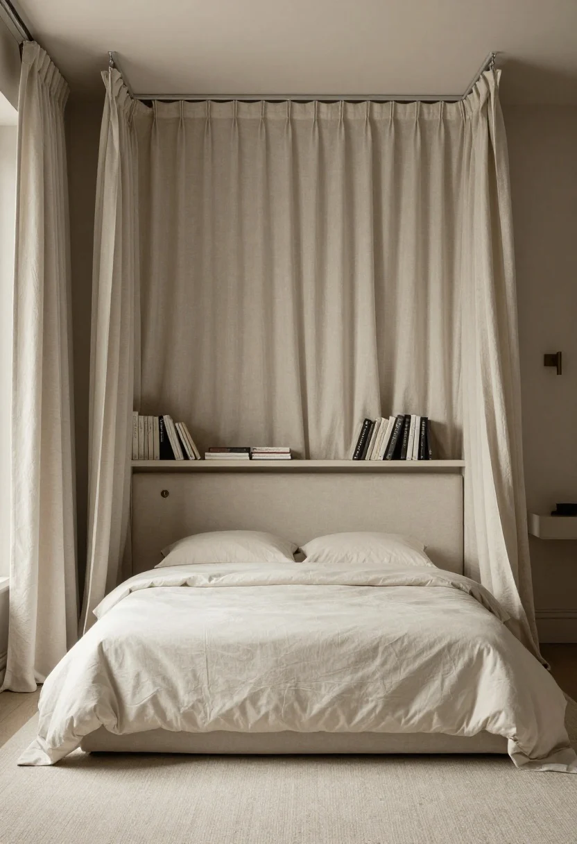 Closeup/medium hybrid of a serene bedroom nook without walls: a tall upholstered headboard used as a soft divider, with a slim bookcase console directly behind forming a mini vestibule; ceiling-track linen drapes lightly pooled to just brush the floor; scaled-down wall-mounted shelf as a nightstand with a single sconce above; monochrome bedding in soft, solid tones; a low-pile rug extending under two-thirds of the bed. Gentle, cocoon-like lighting, muted palette, tactile textiles, photorealistic.