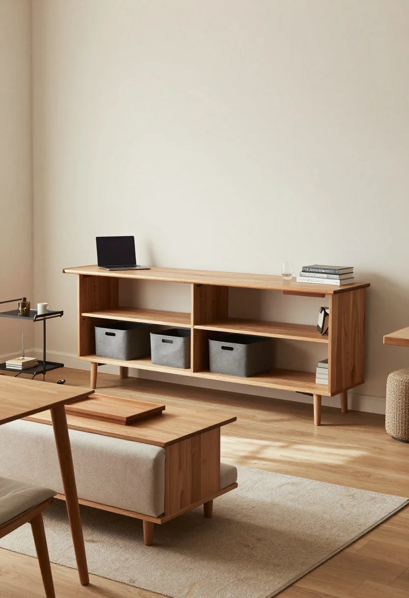 Medium shot focusing on double-duty furniture in action: a sofa floated center with a narrow console behind it holding storage bins and two nesting stools tucked underneath; a drop-leaf table along a wall functioning as a weekday desk with a laptop, then one leaf extended; a storage ottoman serving as coffee table with a tray; a slim bar cart positioned between lounge and dining. Favor leggy pieces to show floor, light oak flooring, soft natural daylight, uncluttered yet lived-in, photorealistic.