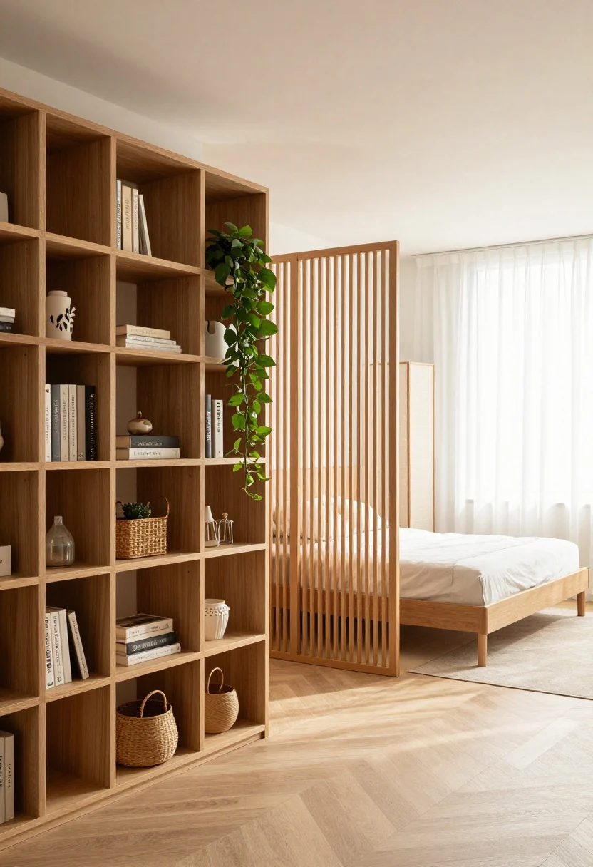 Medium shot from a corner angle showing airy vertical dividers that don’t block light in a studio: a tall open-shelving unit (80–90% open) styled with books, baskets, and a trailing pothos dividing lounge and dining; a slatted wood screen near the bed area; sheer white curtains on a ceiling track partially drawn; and a folding rice-paper screen tucked ready for guests. Keep divider heights mixed: 42–48 inches behind the sofa, 70–80 inches near the bed. Bright diffused daylight, warm oak tones, soft shadows, photorealistic.