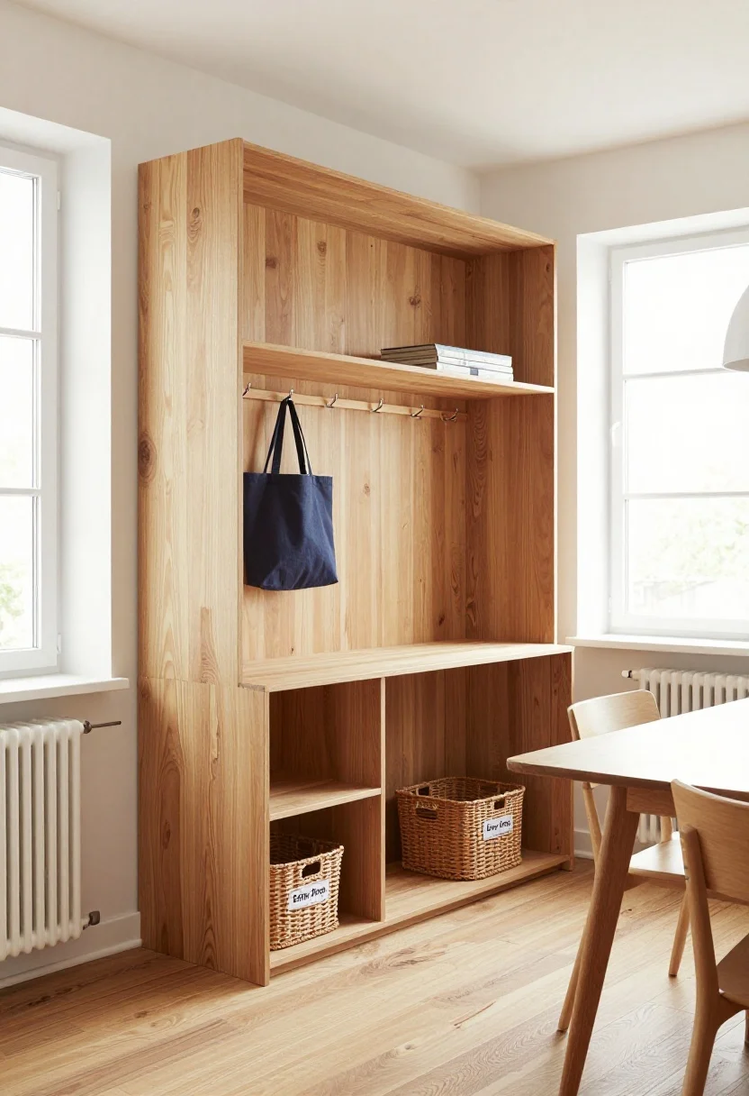 Medium shot straight-on of storage that shapes space: a wardrobe-as-partition at the foot of a bed (nicely finished back) with hooks on the back holding a tote; an IKEA-style modular “bridge” built around a compact desk creating an architectural frame; a window-height credenza lining a wall and subtly dividing the living area; lidded baskets under a dining table. Include visible labels on baskets like “Entry Drop.” Clean sight lines, clutter concealed, bright natural light, warm wood and white finishes, photorealistic.