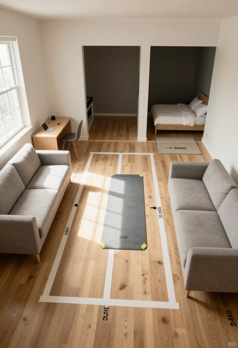 Wide, overhead floor-plan-style shot of an empty open-concept studio with painter’s tape marking four clear zones: sleep, work, lounge, and dine, plus a taped yoga mat area; morning light streaming across a corner desk zone while a darker back nook is reserved for the bed. Include a 5x7 rug taped under where a sofa will sit, a 3x5 rug taped by the bed, a floated sofa position creating a path, and clear 30–36 inch pathways mapped with arrows. Add a low console position behind the sofa mark, and window light angles sketched on the floor; neutral walls, light oak floors, airy mood, photorealistic.
