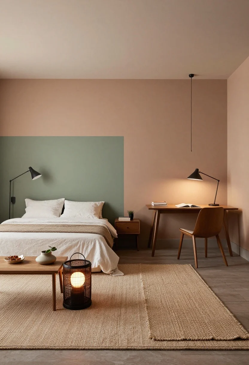 Wide room shot styled like a set: distinct zones defined only by layers—rugs, lighting, and color. Show a chunky wool rug anchoring the lounge with a floor lamp; a flatweave under a dining table with a small pendant overhead; a plush runner along the bed with a swing-arm sconce; a task lamp at a compact desk. Use color blocking: a soft clay half-wall behind the bed, a sage accent near dining. Cohesive “cousin” palettes, neutral base with earthy tones, evening glow with multiple light sources, photorealistic.