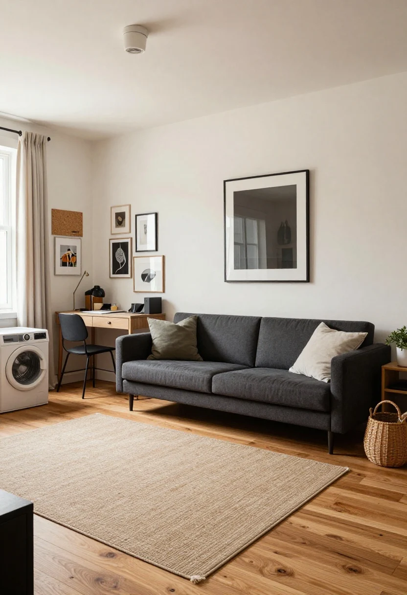 Wide shot curated for sight lines and sound: from the lounge viewpoint, mess zones (laundry bin, kitchen clutter) hidden around corners; art clusters differentiated by zone—a small gallery above the desk, a single statement piece behind the sofa, calming prints near the bed—all in unified frames. A large mirror opposite a window to bounce light without reflecting the bed. Soft acoustics with area rugs, curtains, and a cork art panel; a plush runner by the entry to muffle heel clicks. Repeating material thread (black metal and warm oak) appears in each zone. Bright, balanced daylight, crisp yet tranquil, photorealistic.