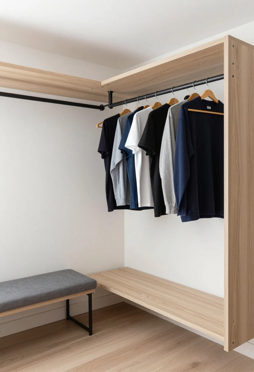 5–7 feet of clearance, with a small bench parked below; in a corner, a hanging clothes rod displays a mini-wardrobe on slim velvet hangers organized by color; clean white ceiling, light oak cabinetry, matte black accents; bright, even daylight; hardware installed with visible, appropriate anchors for a safe, airy look.