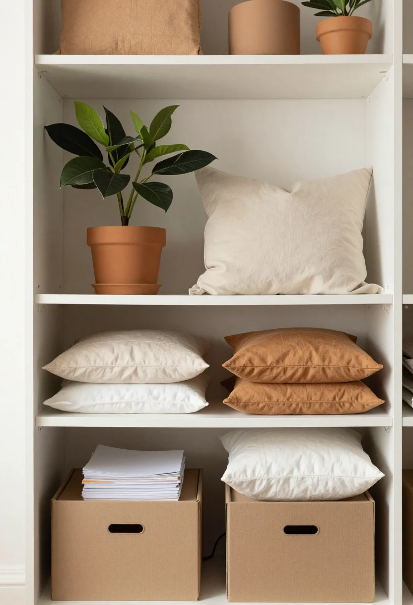 Closeup detail: Stylist edit on open shelving—curated decor in threes with varied height and texture, negative space intentionally left. Items grouped by color and sentiment, with ochre and olive accents subtly repeated. Closed storage boxes below hide cords and paperwork; a neatly folded stack of extra pillow covers hints at textile rotation. Plant strategy visible: one tall plant nearby and two smalls on the shelf, balanced and calm. Soft natural light, minimal yet personal mood, photorealistic.
