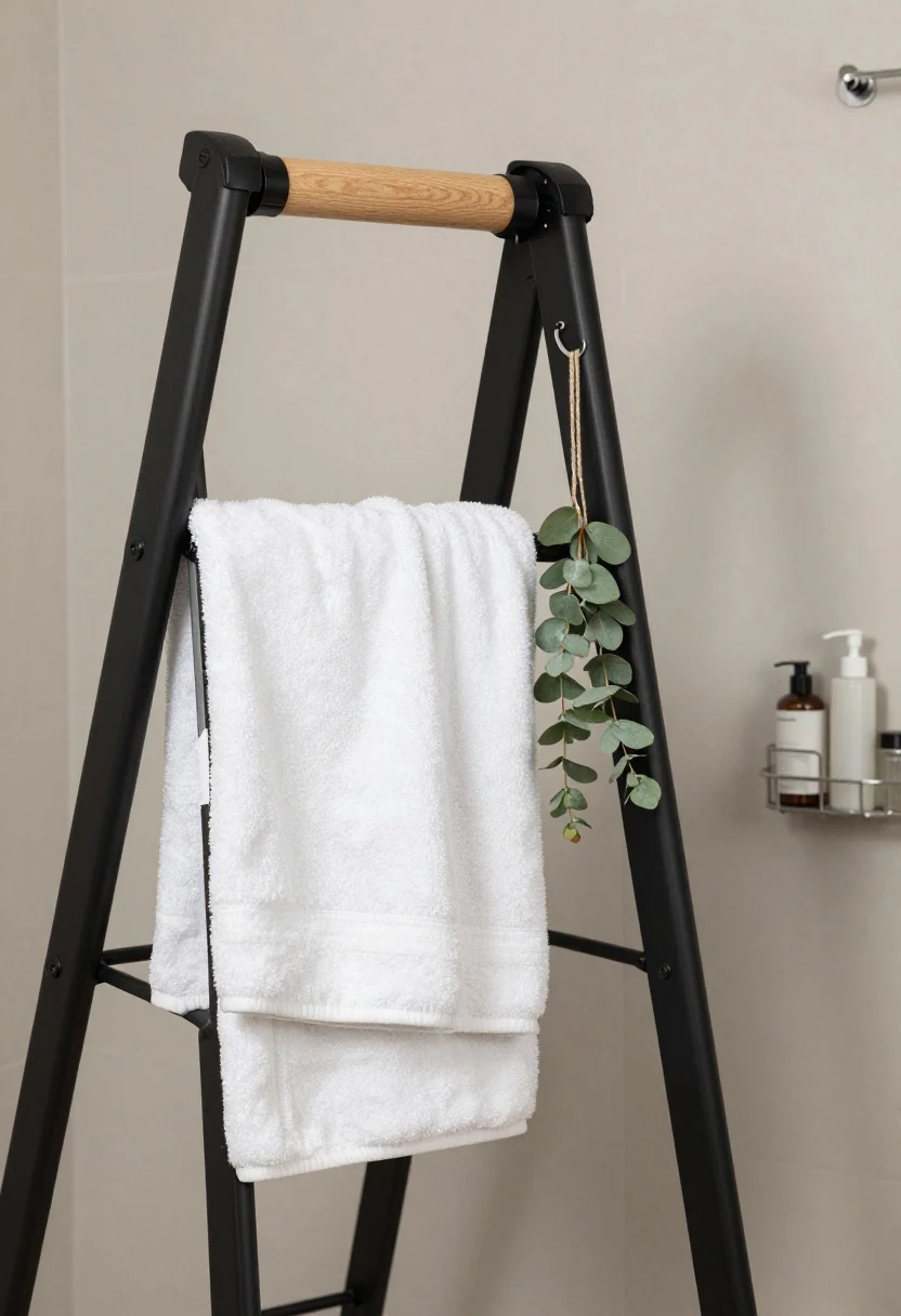 Detail closeup: A leaning ladder in a bathroom, 16–20 inches wide with rubber feet, draped with plush white towels, a small eucalyptus bundle hanging from an S-hook, and a petite hanging caddy holding skincare bottles; smooth matte wall behind, subtle steam-kissed sheen for spa energy; alternative angle hints at rental-friendly tension pole ladder system in reflection; textures: soft terry cloth, natural wood or matte black ladder finish; serene, diffused bathroom lighting.