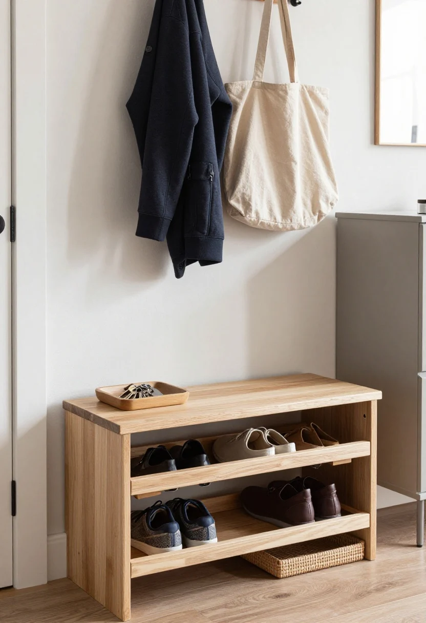 Detail closeup, straight-on vignette: Entry mini-mudroom setup—24-inch bench with shallow shoe drawers slightly open showing organized pairs, wall hooks above holding a jacket and tote, a small tray corralling keys; textures of matte black hooks, light oak bench, and woven tray; to the side, a peek of a closed-door media credenza with cord grommet; calm, functional mood with soft, diffused daylight and clutter hidden.