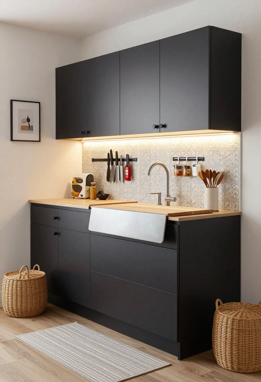 Medium kitchen vignette: Tiny kitchen with big personality—counter expanders in action: a roll-out butcher block over the sink and a fitted stove cover board extending prep space. Magnetic strips neatly holding knives and spice tins away from the range. Peel-and-stick backsplash in zellige-style texture, refreshed cabinets with matte black hardware, and adhesive LED puck lights glowing under uppers. A lidded rattan basket corrals small appliances, a slim runner rug on the floor, and two small art prints framing the kitchen zone. Clean, softly lit, photorealistic.