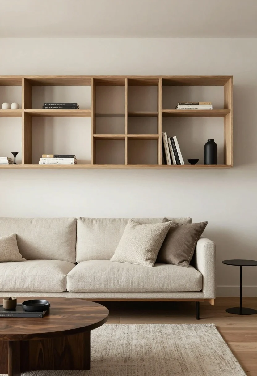 Medium shot, cohesive overview: A concentrated, polished studio showing the principles combined—sofa floated off the wall, clear zones defined by rugs and lighting, vertical storage in a tight palette, modular furniture with slim legs, clear sightline to the window, closed storage at eye level and open storage above/below; textures mixed (linen sofa, boucle pillow, wood grain console, matte black metal lamp); gentle morning light, no people, balanced and stylish.