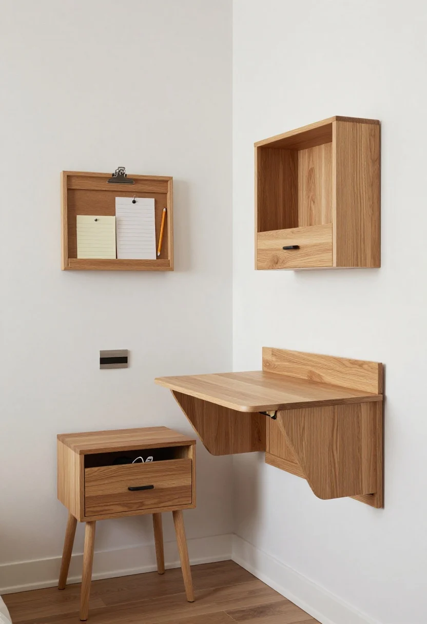Medium shot, corner angle: A compact bedroom nook with wall-mounted nightstands floating on either side of the bed, each with a single drawer hiding chargers and adhesive cord clips tucked beneath; a flip-down desk on the adjacent wall opens to reveal a small noticeboard with pinned notes and a pencil ledge; a counter-height drop-leaf table nearby for dining/work, currently folded down to reveal open floor and negative space; warm white walls, light oak finishes, a small clip-on sconce over each mounted surface; crisp, even lighting with gentle shadows, minimal clutter for a larger-feeling room.
