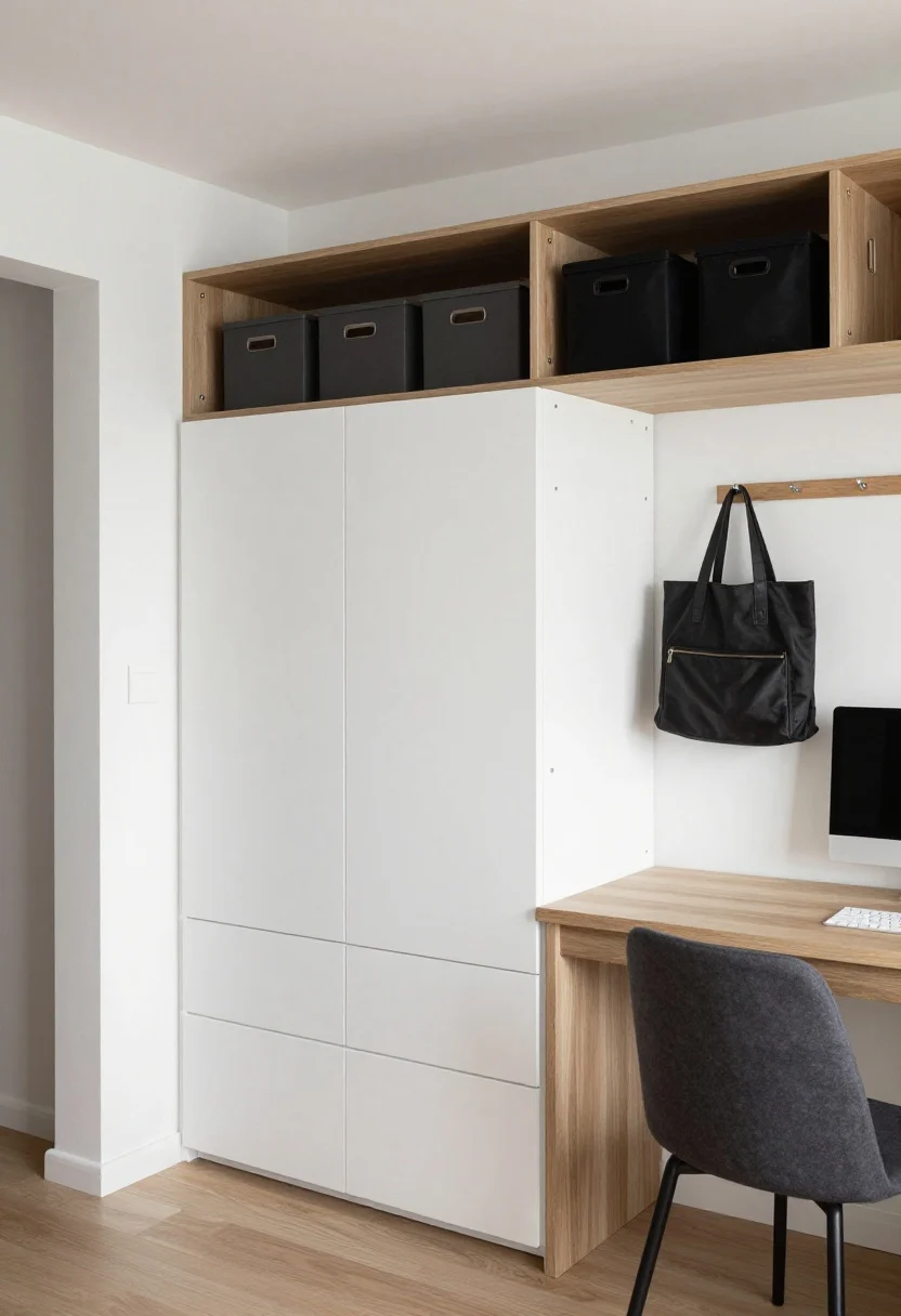 Medium shot, corner angle: Vertical storage emphasis in a studio—ceiling-mounted open shelves above a compact media unit, neatly styled with labeled bins and baskets on the top shelf; a tall 80-inch+ wardrobe with integrated drawers in white and light wood tones; a slim wall-mounted drop-leaf desk creating a WFH nook; over-the-door rail in view holding bags and belts; tight color palette of white, wood, and black for an architectural, calm look; even ambient daylight, crisp and clutter-free.