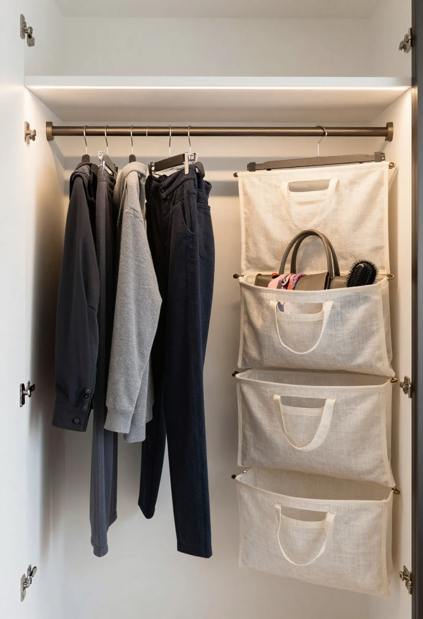 Medium shot inside a closet styled like a boutique: double hanging rods—tops on the upper, pants on the lower—with matching slim velvet hangers in charcoal, clothing color-coded by category; a high shelf with soft fabric bins with handles for sweaters and handbags; over-the-door clear pockets used for scarves, hats, and a hair tool; a soft LED strip mounted under the top shelf casting even, flattering illumination; neutral palette with white walls, linen-textured bins, brushed nickel hardware; straight-on angle showcasing vertical efficiency and serene order.