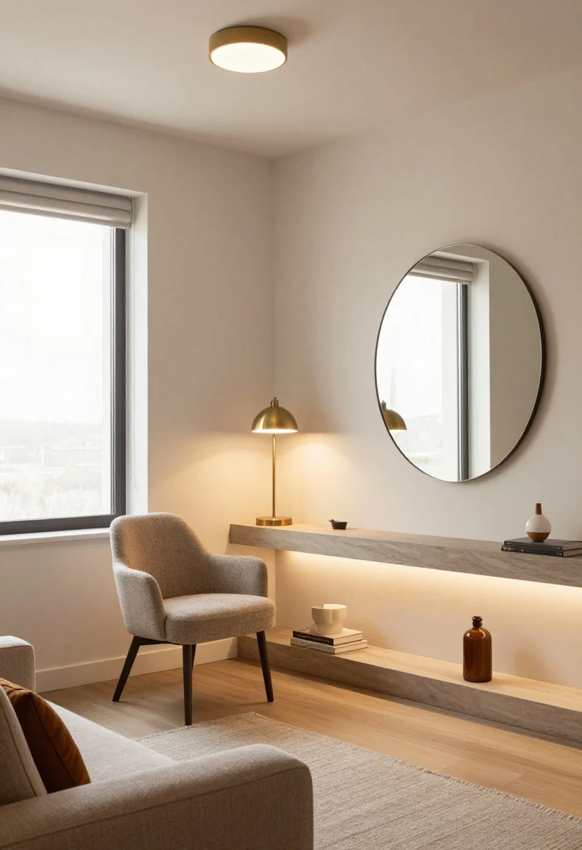 Medium shot: Light, mirrors, and color magic—an elegant living zone with three-layer lighting: a warm ambient flush mount overhead, a brass task lamp by a reading chair, and subtle LED strips glowing under wall shelves. A large rimless mirror opposite a window reflects light without chopping the view. Palette: soft warm white walls, stone and oatmeal textiles, with two accent hues repeated in decor pieces. Ceiling painted a whisper lighter than walls, sheer window treatments with a concealed blackout roller. Warm 2700–3000K lighting, editorial yet cozy mood, straight-on view, photorealistic.