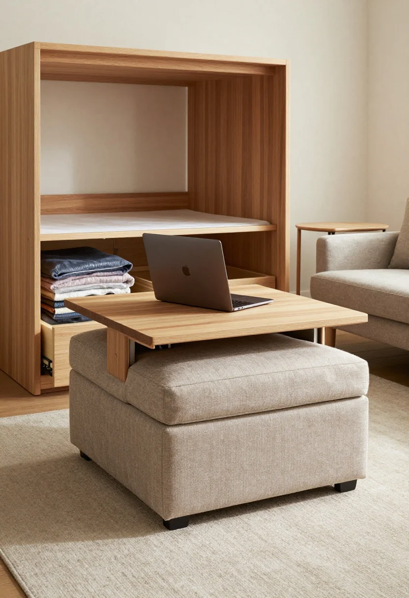 Medium shot living area highlighting double-duty furniture: a storage ottoman in textured taupe fabric matching the rug tone, lid slightly ajar revealing folded throws; a lift-top coffee table in low-contrast light wood raised to laptop height, interior hiding tech; a captain’s bed visible in the background with deep under-bed drawers partially open showing vacuum-bagged out-of-season clothing; a pair of nesting side tables tucked under each other near a sofa; cohesive palette with wood and textiles closely matching walls/rug to reduce visual weight; soft daylight with minimal shadows; straight-on composition focusing on function.