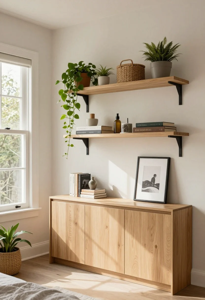 Medium shot, straight-on: A bedroom wall showcasing above-and-around storage—over-bed cabinets with soft-close doors in light oak, a slim shelf below acting as a headboard substitute styled with a framed print and a few books; over a nearby window, a narrow shelf supporting sun-loving plants with trailing vines softening edges and subtly hiding brackets; a transom shelf above the door holds discreetly labeled closed boxes for games and seasonal décor; muted palette, matching baskets up high for visual quiet, personality pieces at eye level; soft natural light streaming through the window.