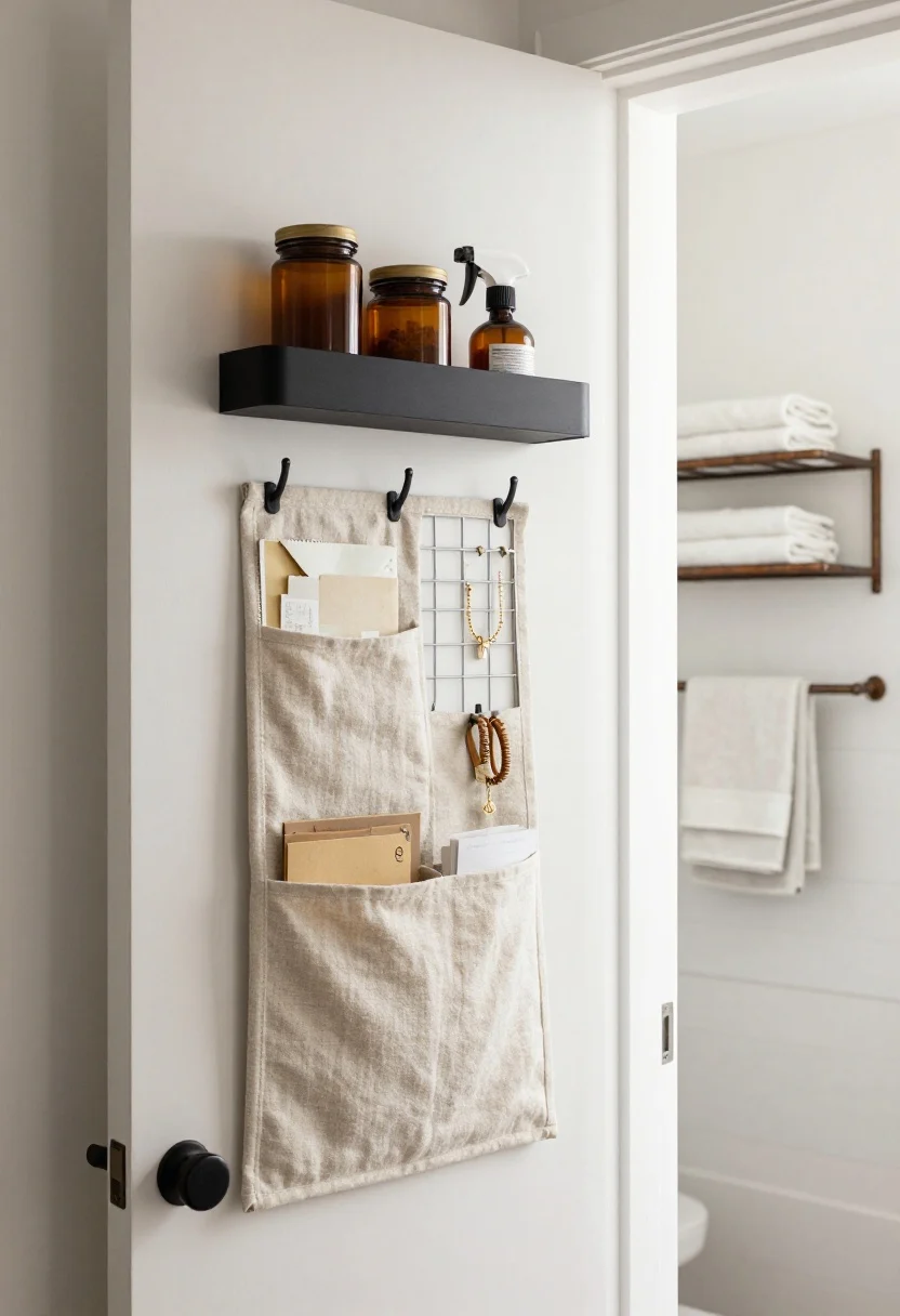 Medium shot, straight-on: An elegant apartment entry door with designer over-the-door storage—slim matte black shelving rack holding pantry jars and cleaning sprays in amber bottles, a linen fabric pocket organizer in warm canvas for mail and mittens, and a small metal pegboard on a closet door nearby with grid clips for hats, belts, and jewelry; bathroom door visible in background with a rust-proof towel rack storing towels folded into thirds for a boutique-spa vibe; over-the-door hooks with felt backing to protect paint; neutral palette of soft whites, warm linen, and matte black accents; bright, clean ambient lighting.