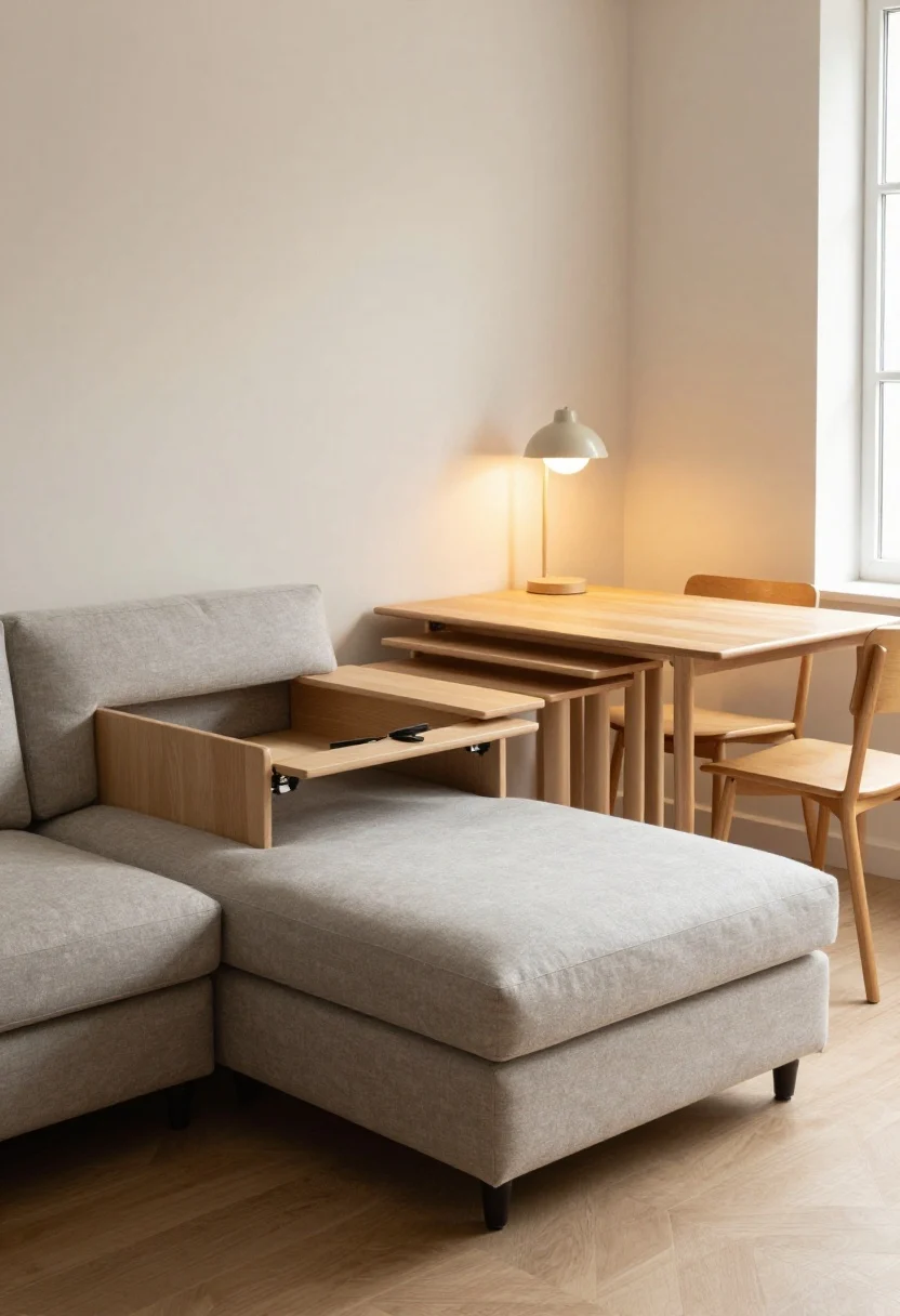 Medium shot, straight-on: Transforming and modular pieces in a small living zone—sleeper sectional with storage under cushions, a lift-top coffee table partially raised with remotes hidden inside, a trio of nesting tables partially fanned out, a compact drop-leaf dining table against the wall with folding/stackable chairs; modular storage cubes/ottomans on casters; emphasis on slim, visible legs and light frames to show air under furniture; warm evening lamp light plus window glow.
