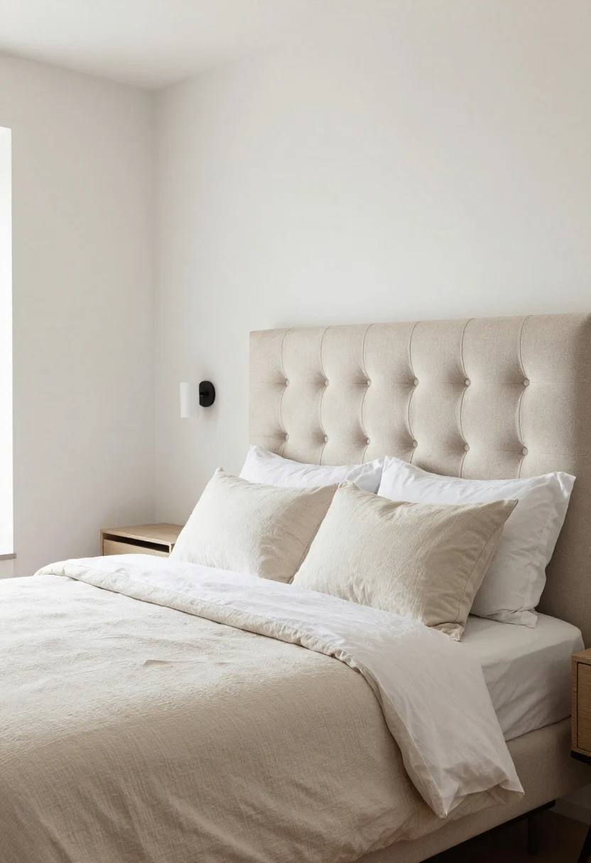 Medium shot: The bed as the jewel—show a tufted headboard in soft oatmeal, layered linens with subtle texture, and a slim black canopy frame anchoring the “room.” A wall-mounted bedside sconce frees nightstand space, and a narrow console at the foot of the bed doubles as a TV perch and drop zone. Warm white walls, neatly made bed, accent pillows tying into a restrained palette. Soft morning light, cozy and intentional mood, slightly angled corner view, photorealistic.